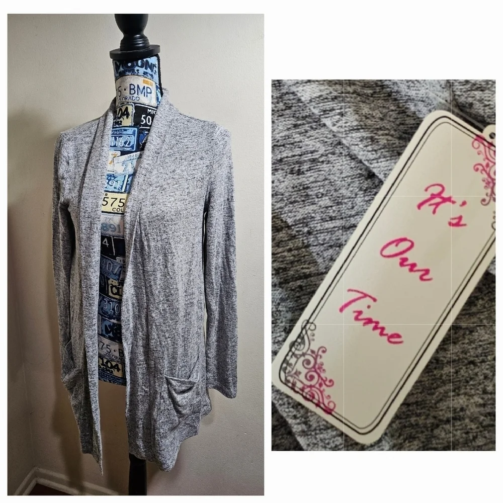 NEW It's Our Time Gray Open Cardigan Sweater Medium - Picture 3 of 7